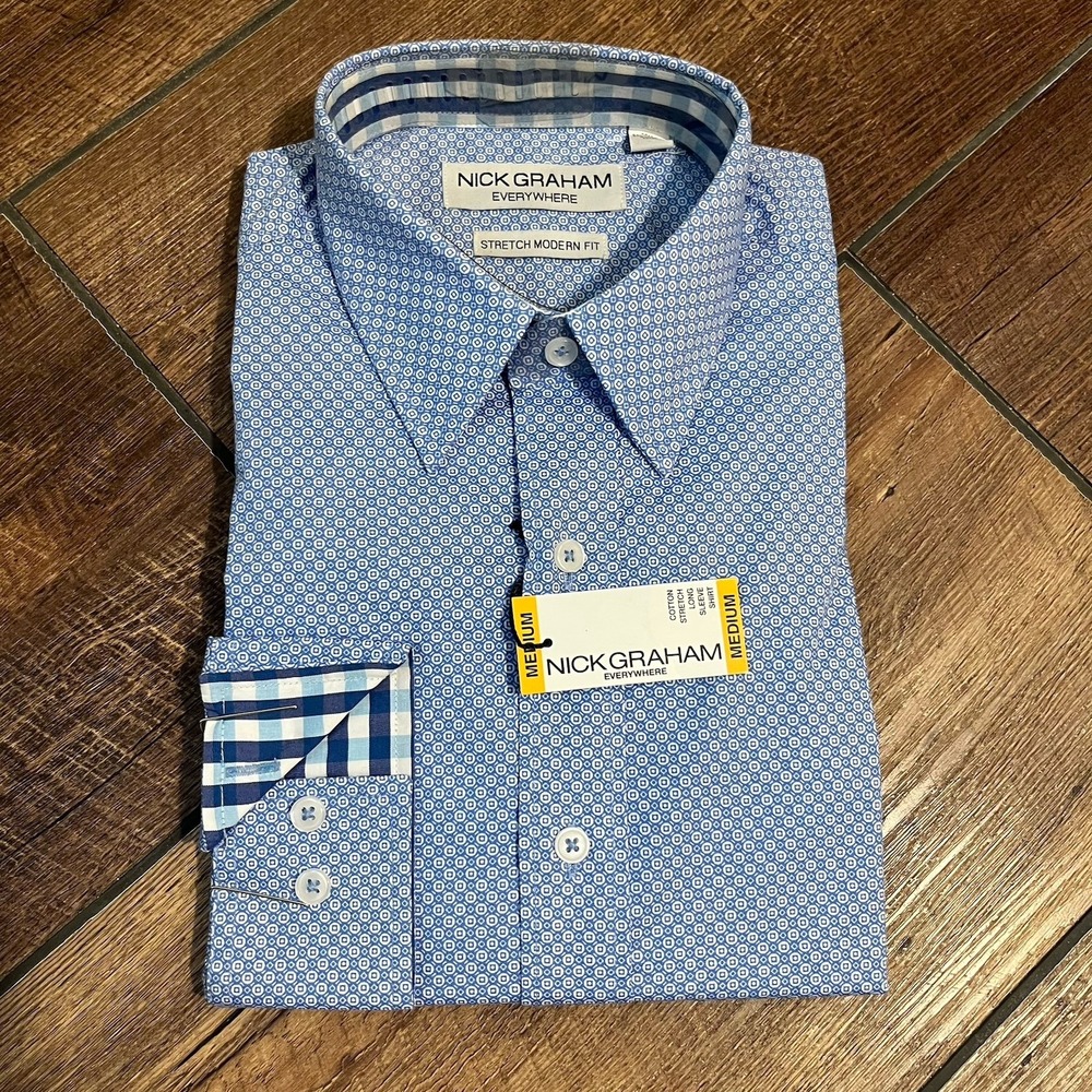 Nick Graham Shirt Mens M Blue Check Modern Fit Stretch Button Up New